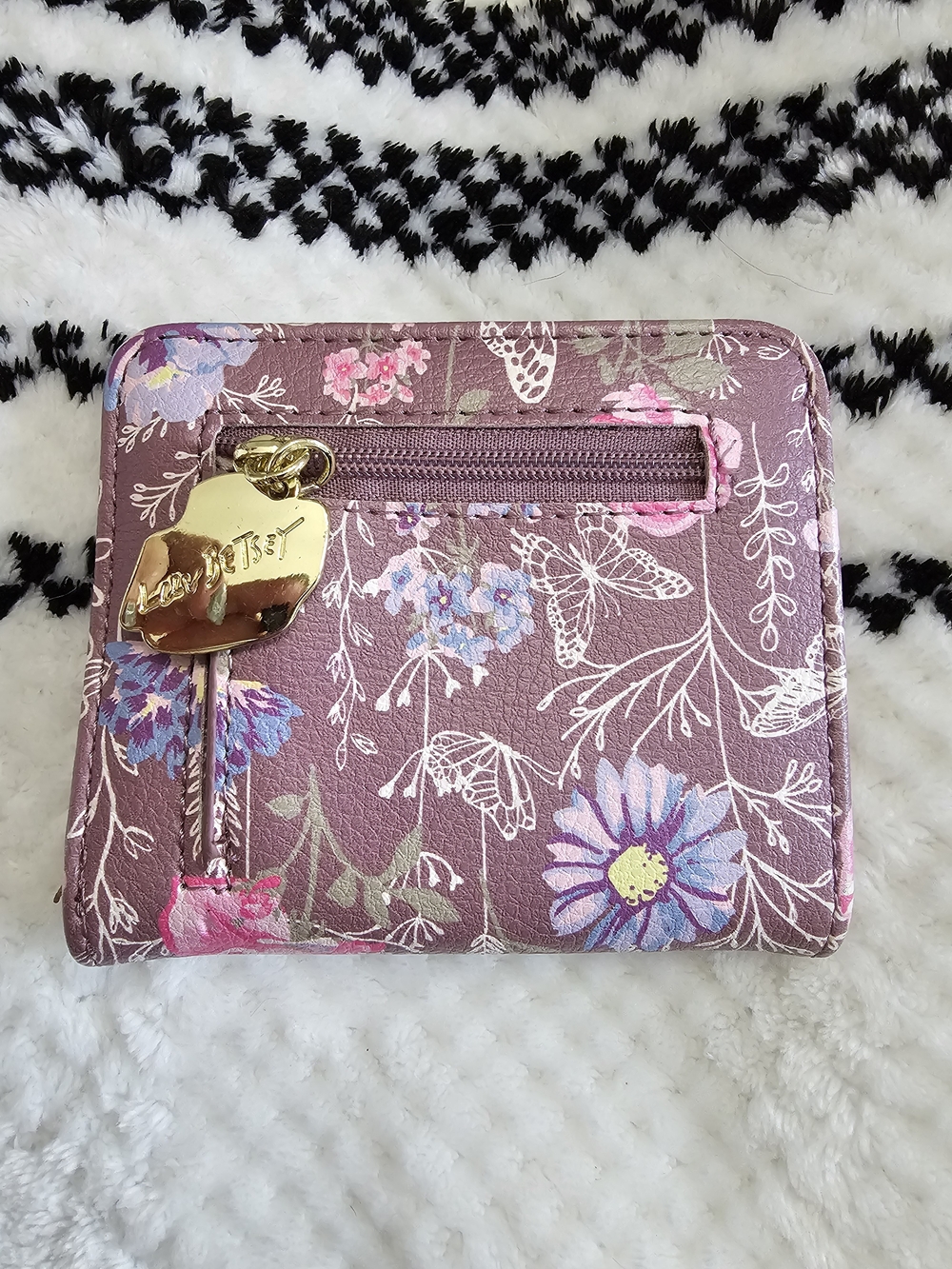 Betsey Johnson Mauve Floral Butterfly Zip Card Wallet with Gold Charm